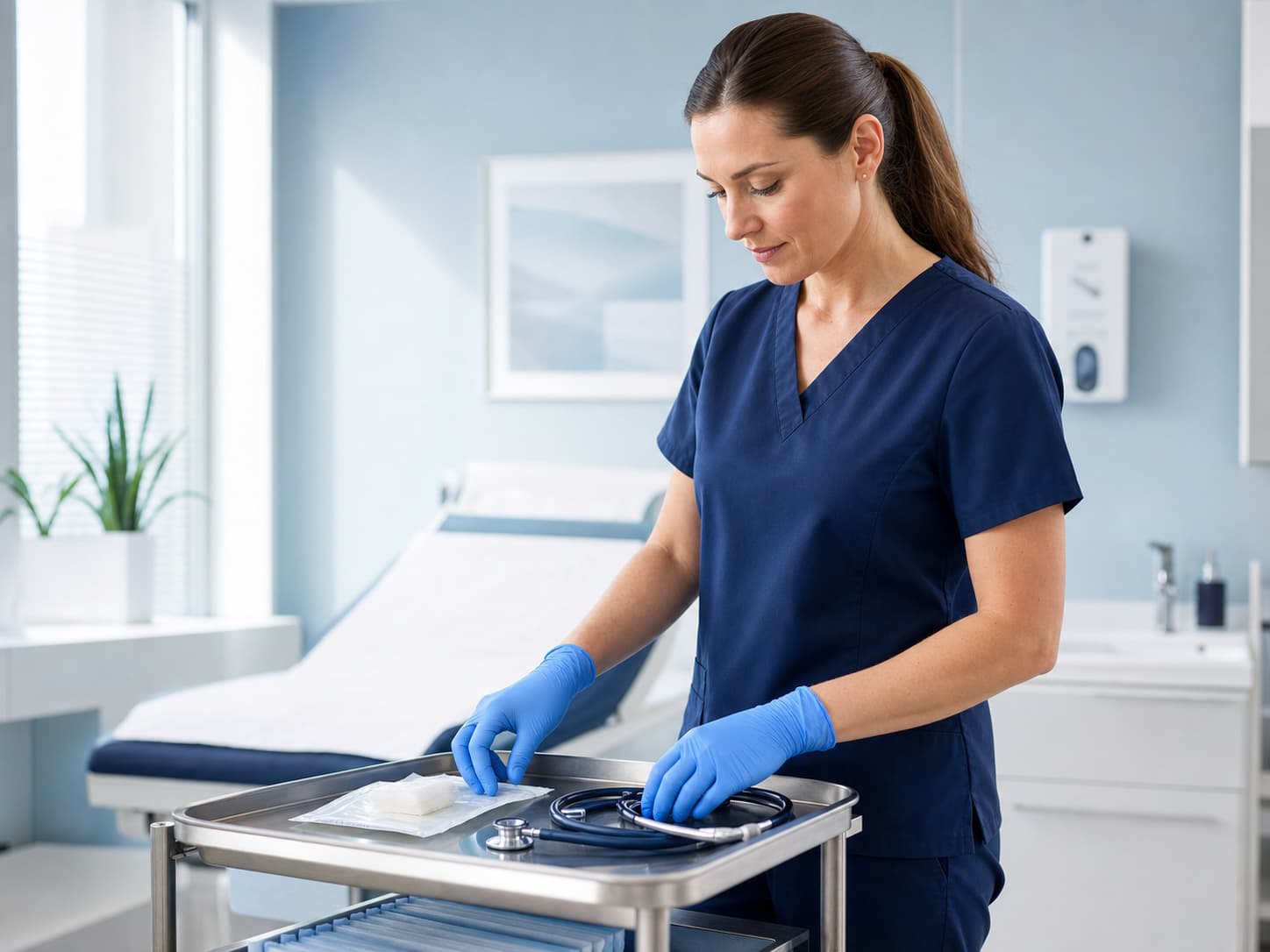 Professionnelle de santé portant des gants nitrile bleus KLAYR