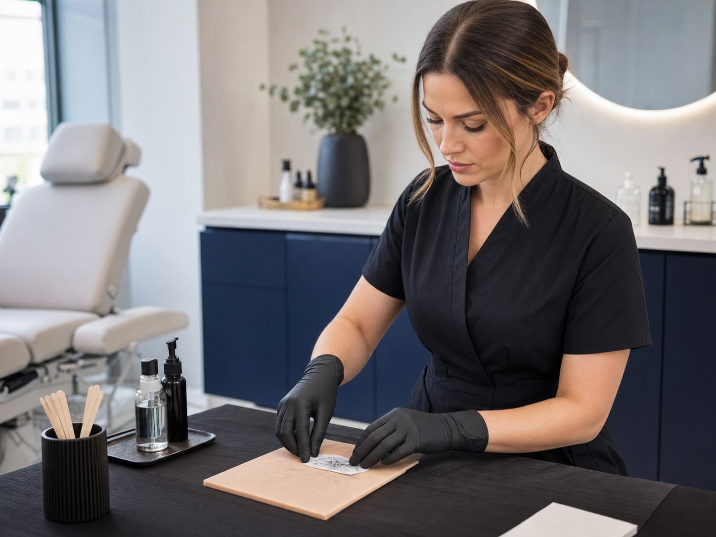 Professionnelle du tatouage et de l’esthétique portant des gants nitrile noirs