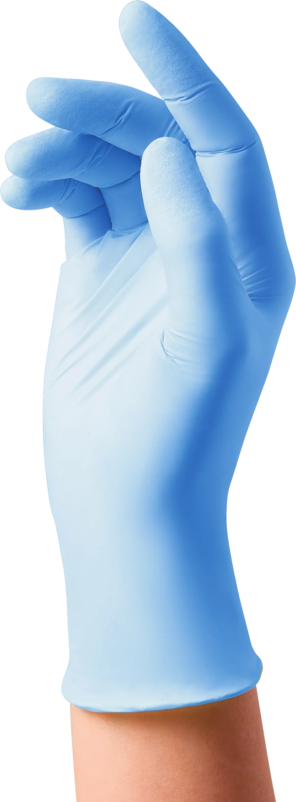 Main portant un gant nitrile bleu